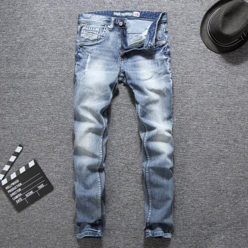 Italian Vintage Designer Fashion Men Jeans Light Blue Summer Slim Fit Ripped Jeans Men Streetwear Hip Hop Pants Classical Jeans