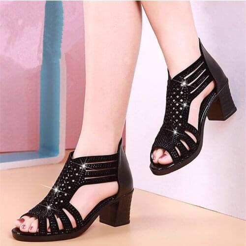 Leather high heel sandals women 2020 summer women shoes women fashion square heel sandals women shoes