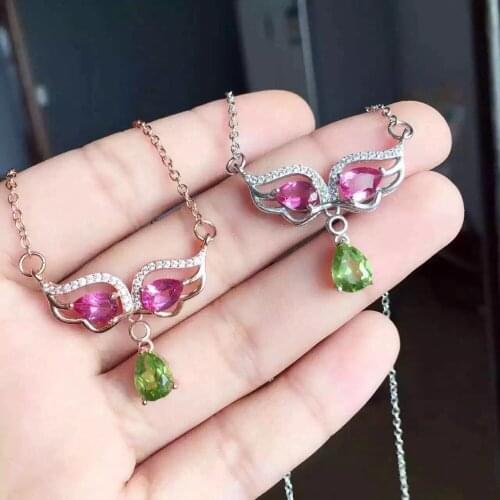 Natural pink topaz stone Necklace natural peridot Pendant Necklace S925 silver trendy Personality monster women Jewelry