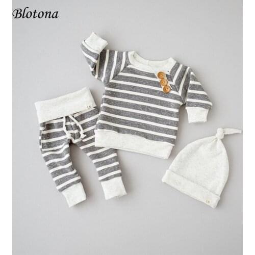 Blotona Infant Clothing Newborn Striped Sweatshirt Joggers and Baby Cap Hat Long Sleeve Round Neck Tops 3Pcs Outfits 0-18Months