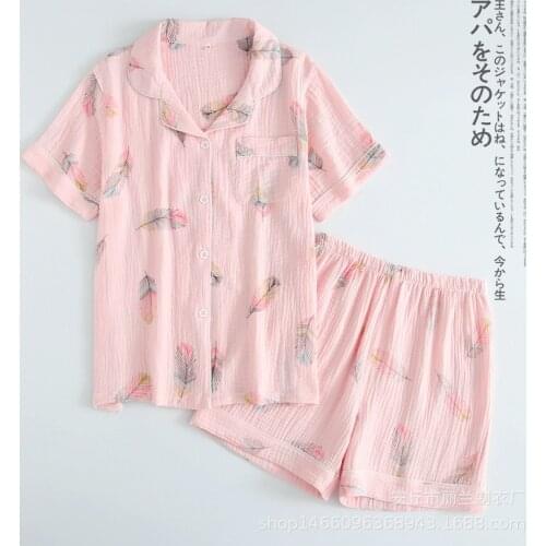 New Summer Short-sleeved Shorts Pajamas for Women 100% Cotton Crepe Cartoon Feather Print Pyjamas Turn-down Collar Home Suit
