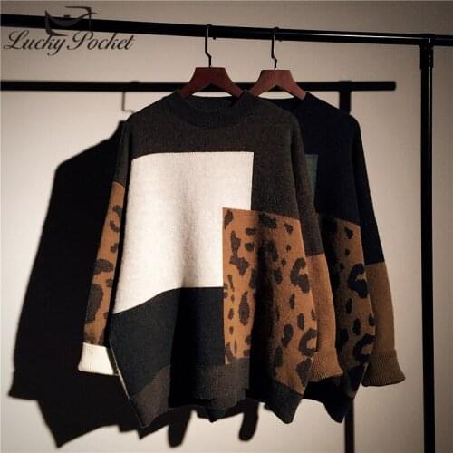 2020 Women Spring Autumn New Fashion Loose O-Neck Pullovers Female Vintage Leopard Print Patchwork Long Sleeve Sweater QL221