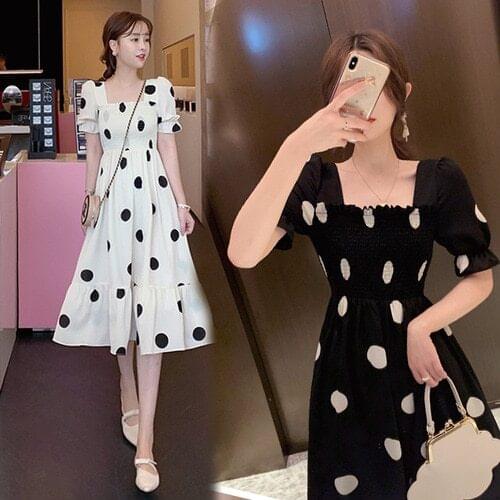 Discount Summer Hot Sale Square Collar Short Butter Sleeve Cute Sweet College Wind Korean Style Dot Printed Female Women Dresses
