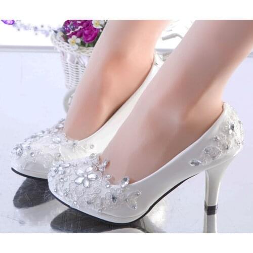 9cm heel silver lace wedding shoes woman crystal rhinestone platforms slip on bridal wedding pumps shoes plus size 41 42