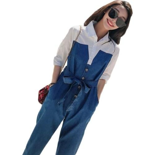 Women Denim Jumpsuits Half Sleeve Female One Piece Rompers Slim Single Breasted With Belt Fake 2 Pieces Casual Jeans Overalls176