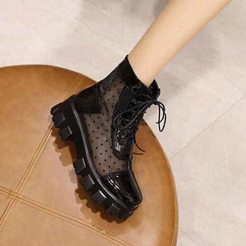 Plus Size Female Chunky Spring Summer Boots Thick Bottom Platform Fashion Patent Leather Mesh Ladies Women Lace Up Ankle Boots