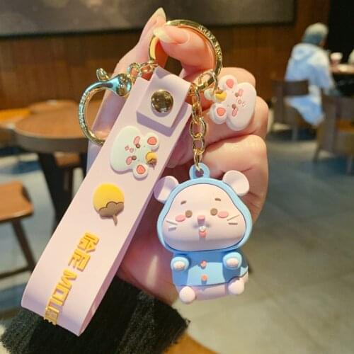 Kawaii PVC Foodie Hoody Mouse Keychain Yellow Pink Blue Metal Pendant Girl Boy Couple Bag Phone Ornaments Toy Lanyard Gift