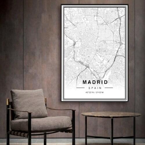 Black and White Madrid City Map Latitude Longitude Wall Art Canvas Painting Minimalist Posters Prints Digital Art Picture Decor