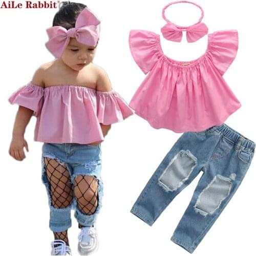 AiLe Rabbit Fashion Girls Suit Tops Jeans Headband 3 Pieces The Word Collar Strapless Set Kids Pink Bowknot Hole Denim k1