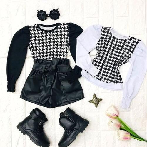 FOCUSNORM Autumn Fashion Kids Girls 2pcs Clothes Sets 1-6Y Plaid Printed Long Sleeve Knit Tops PU Leather Bow Shorts