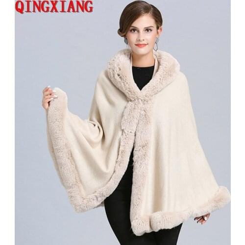 2019 Sample Women Party Overcoat Cloak Winter Faux Fox Fur Knitted Cardigan Cape Faux Cashmere Long Sleeve Poncho With Hat