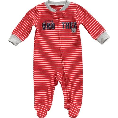 Little Brother Newborn Baby Boy Long Sleeve Zipper Striped Romper Jumpsuit Outfits Autumn Clothes