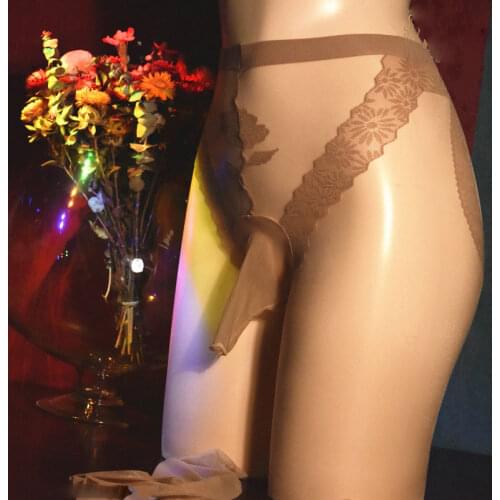 Lace 3D Thin Sexy Men Oil Shiny Sockings Glossy U Convex Pouch Temptation Perspective Tight Stockings COCKring Shaping Pantyhose