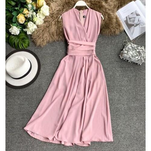 Summer womens runway fashion sleeveless medium long dress female fashion chic slim sexy beach dress TB185
