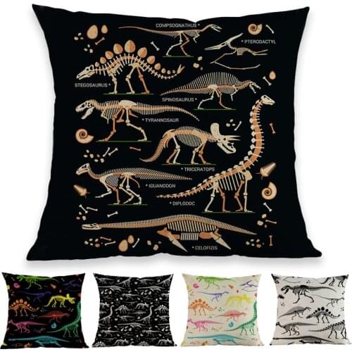 Cartoon Prehistory Jurassic Pattern Of Skeletons Of Dinosaurs And Fossils Pillow Case Home Decoration Cushion Cover