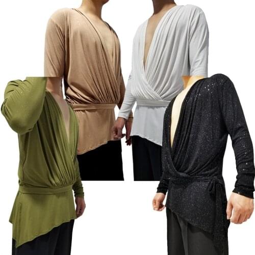 Mens Latin Dance Clothes Long Sleeved Tops Adult Sequin Latin Top Male Standard Ballroom Shirt Training Performing Costume B2035