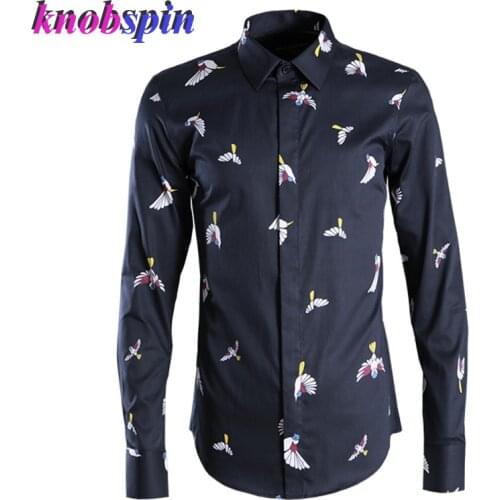 Fashion Bird Printed Shirt men 2019 New Brand quality Cotton Long sleeve Chemise homme Slim Casual male Dress shirt Plus size