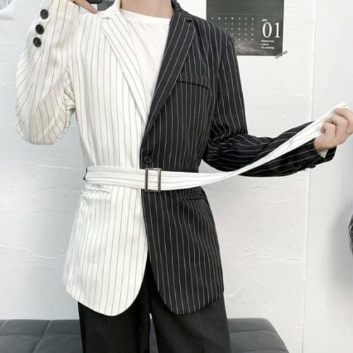 Mens Half Black Half White Notch Lapel Striped Suit Jacket Blazer Tie Waist