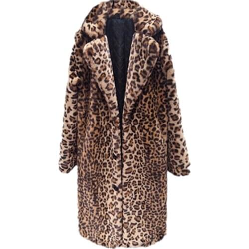 2021 New Womens Faux Fur Coats Leopard Long Coat Plus Size Female Fur Overcoat Turndown Collar Vintage Ladies Outerwear Clothe
