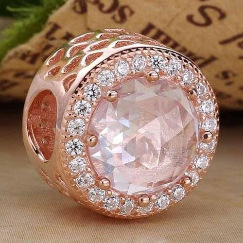 Original Rose Openwork Radiant Hearts With Pink & Clear Crystal Bead Fit 925 Sterling Silver Charm Bracelet DIY Jewelry