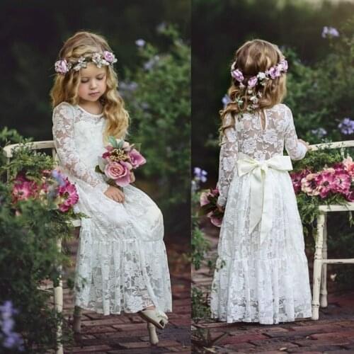 Long Sleeve Boho Flower Girls Dresses For Wedding Floor Length Lace Little Kids First Communion Dress Vintage Cheap Pageant