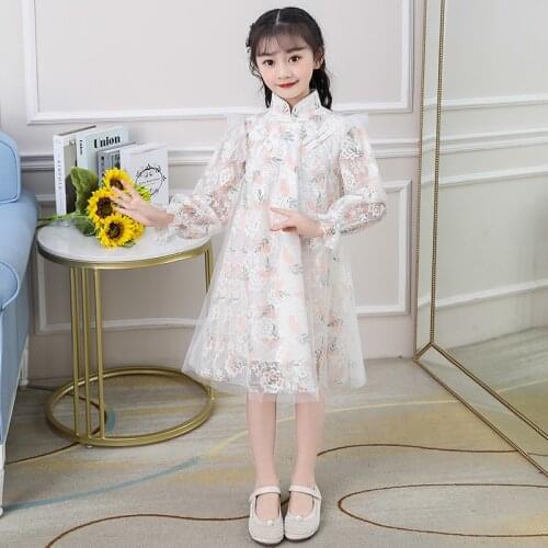 Girls Retro Long-sleeved Dress 2021 New Spring Autumn Teen Kids Gauze Dress Net Princess Dress Children Cheongsam Floral Dress