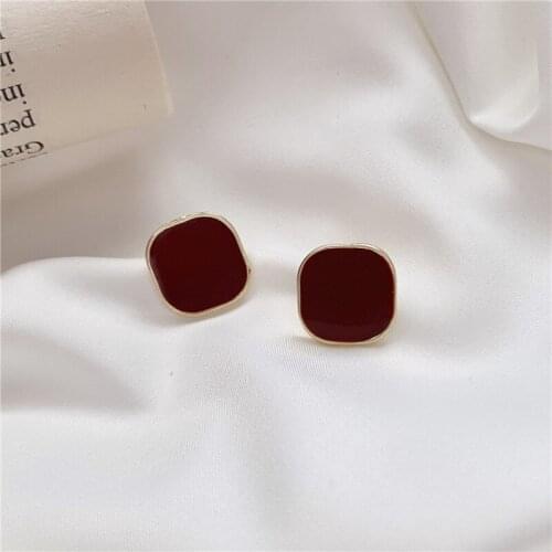 Contracted wine red square earrings, fashion temperament geometric women stud earrings earrings jewelry accessories
