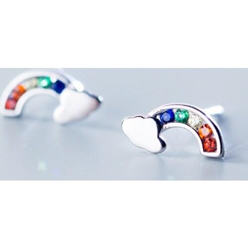 925 Sterling Silver Rainbow Colorful Crystal Stud Earrings for Women Gift Jewelry female Ear pendientes boucle d oreille eh103