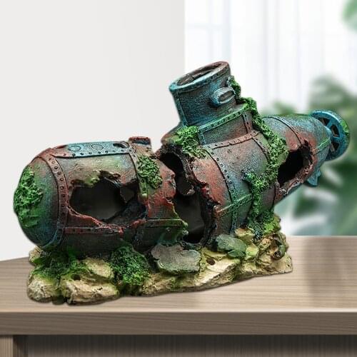 Resin Submarine Model Aquarium Submarine Simulation Wreck Ornament Fish Tank Decor Waterscape Cave Access