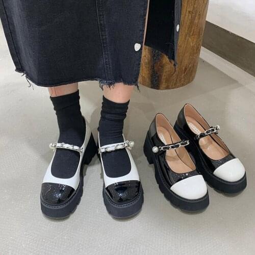 Mary Jane Single Shoes For Women Thick Heel Pumps French Round Head Black White Muffin Tthick Bottom Retro Lady High Heeled
