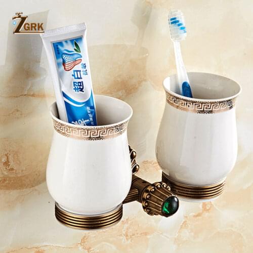 ZGRK New Antique Solid Brass Bath Hardware Sets Polished Porcelain Base Bathroom Accessories Wall Mounted Bathroom Products