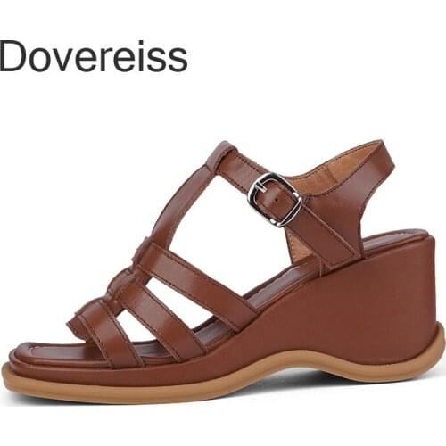 Dovereiss Fashion Summer Womens Shoes Brown Apricot Elegant Genuine Leather Buckle Wedges Sandales Sexy Consice Party Shoes 40