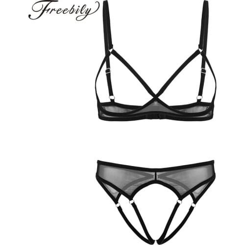 Womens See Through Sheer Mesh Sexy Lingerie Set Adjustable Spaghetti Straps Open Cups Bra Top with Crotchless Briefs Underwear