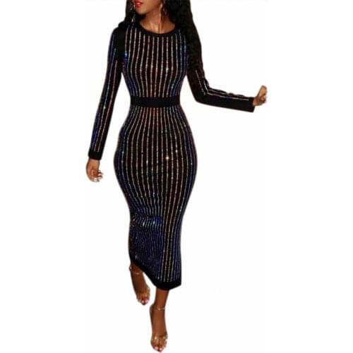 High Quality Fashion 2021 Designer Slim Sexy Dress Womens Long Sleeve O-Neck Sequin Diamonds Bodycon Dress Ladies Black Red Blue