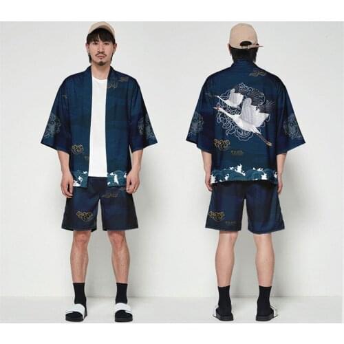 2 Piece Set Men Kimono Cardigan Shorts Suit Japanese Print Crane Yukata Robe Set Novelty Jacket Chinese Style Tang Suit