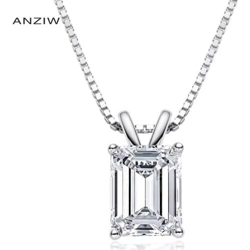 Fashion 925 Sterling Silver White/Yellow Gold Color Women Emerald Cut Pendant Necklace with 40+5cm Silver Box Chain Jewelry