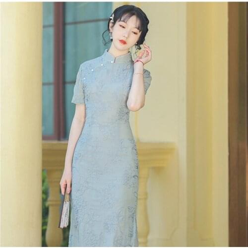 Vestido Midi Chinese Style Full Embroidered Improved Cheongsam Young Style Elegant Bodycon Dress Summer 2021