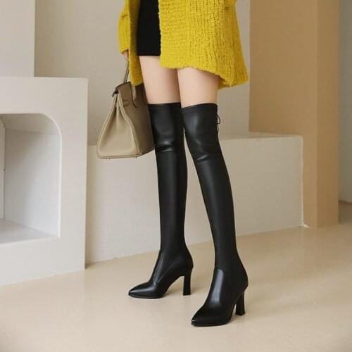2020 Fashion Over-the-Knee Boots Womens Winter Boots Thick High Heel Long Boots Pointed Toe Slip On Autumn Shoes Woman Black
