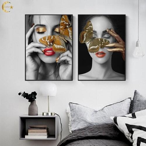 Abstract Sexy Red Lips Poster Wall Art Pictures Fashion Woman Portrait Gold Butterfly White and Black Modern Home Decoration