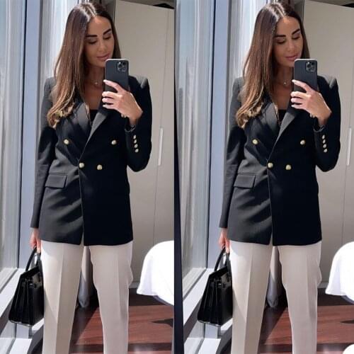 Classic Black Women Blazer Suits Summer Double Breasted Peaked Lapel Coat Streetwear Casual Daily Loose Jacket
