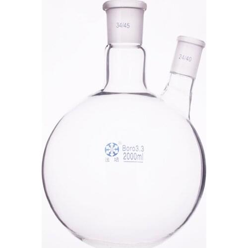 Two-necked flask oblique shape,with two necks standard grinding mouth,Capacity 2000ml,Middle joint 34/45 and lateral joint 24/40