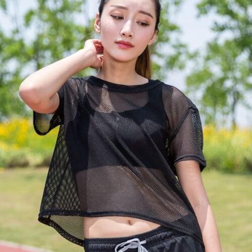 Summer Women Yoga Overalls Mesh Hollow Fitness Overalls Loose Quick-Drying Running Dance Breathable Short-Sleeved Sports Tops