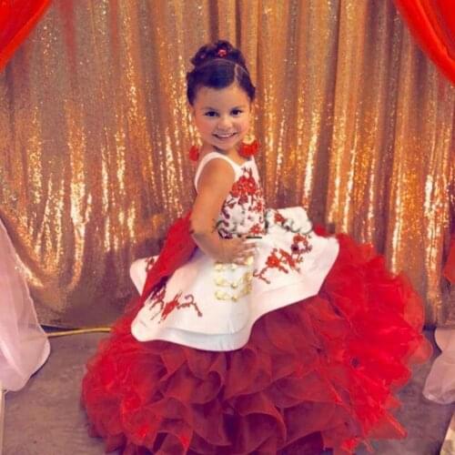 Red Toddler Pageant Party Dresses Spaghetti Strap Appliques Ruffle Tiered Flower Girls Dresses Customized Kids Prom Gowns