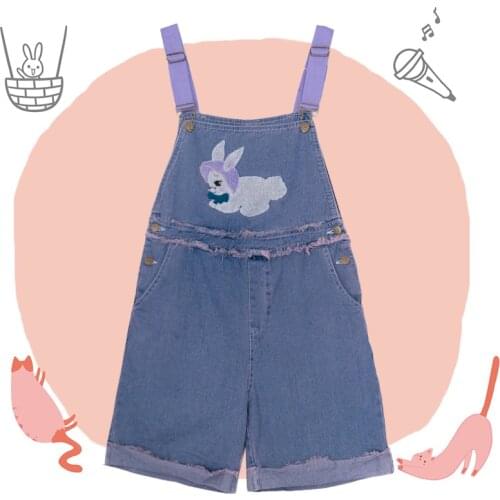 Summer Cute Gray Rabbit Embroidery Womens Playsuits Jumper Jumpsuit Overall Shorts Kawaii Fresh Girl