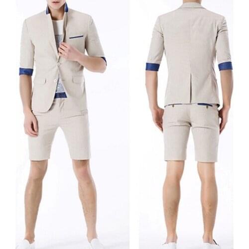 Summer Sport And Leisure Style Fashion Groom Tuxedos Mens Suits Off White Slim Fit Wedding Sets Two Pieces Suit (Jacket+Shorts)