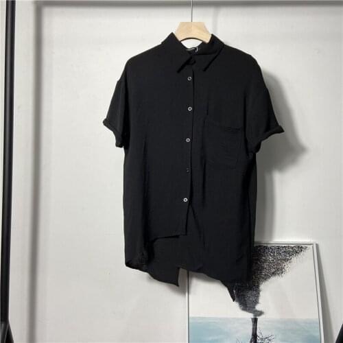 2021 summer fashion mens dark short sleeve shirt simple solid color versatile shirt irregular design split