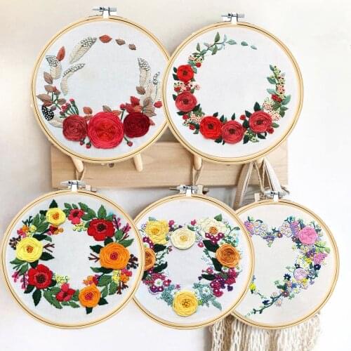 1PCS Embroidery Kit Hoop DIY Flowers Plants Pattern Bastidor Para Bordar Cross Stitch Punch Needle Kit Borduurpakket Kruissteek