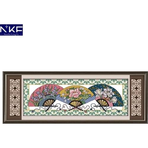 NKF Three Fans Picture Cross Stitch Kits Embroidery Needlework Set 11CT 14CT Chinese Cross Stitch Pattern for Home Decor