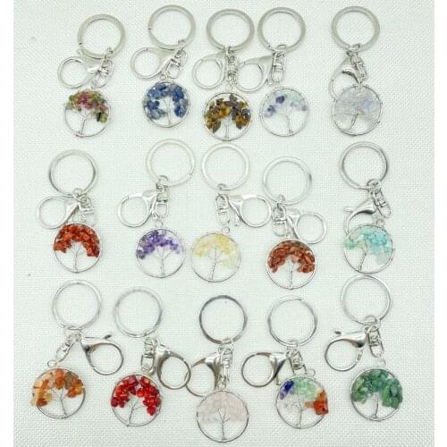 Natural Stone Quartz Crystal Round Tree Of Life Pendant Keychain Lobster clasp Ring Keyring For Men women Car Bags Accessories