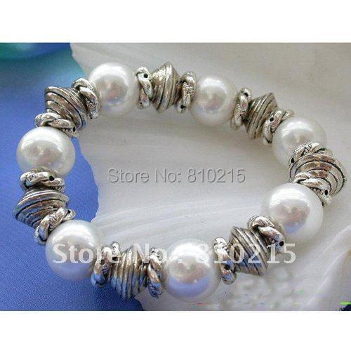 Nice Pearl Jewelry Stretch 14MM White Color Sea Shell Pearl Bracelet 7.5'' Fashion Womens Jewelry Wholesale New Free Shipping